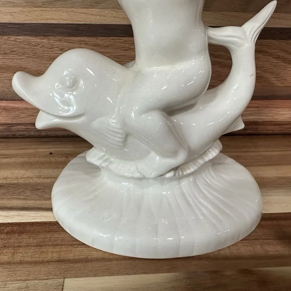 Vtg ‘60 Cherub Riding Dolphin Holding Shell Soap Dish - Holland Mold White Glaze